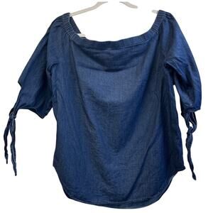 VTG Faded Glory Womens L 12/14 Blue Chambray Boat Neck Tieshoulders Cottagecore